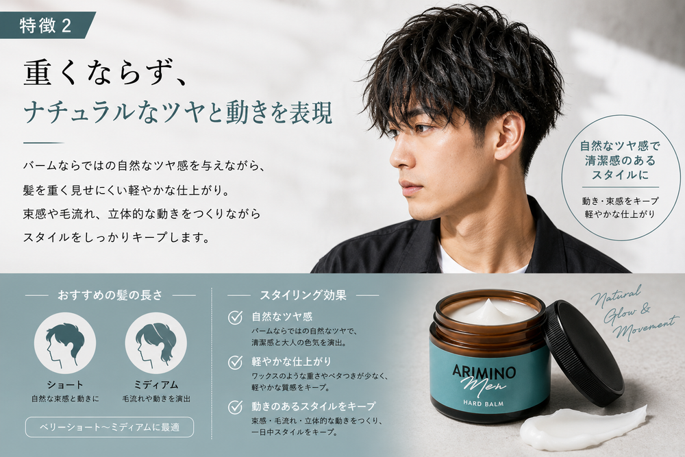 重くならず、ナチュラルなツヤと動きを表現