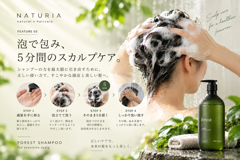 泡で包み、5分間のスカルプケア。